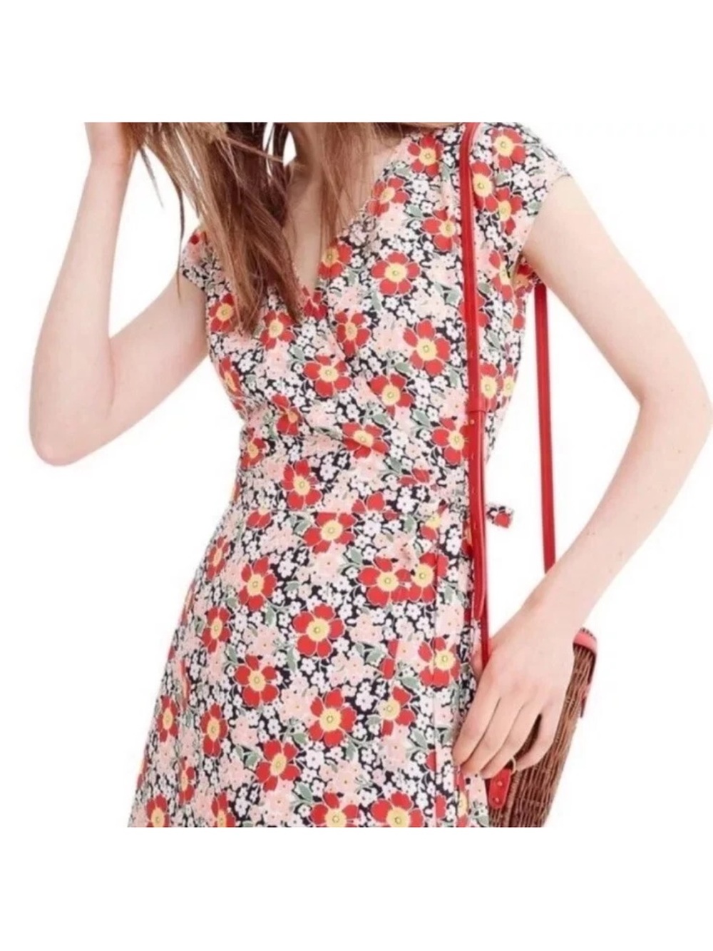 J CREW Floral Wrap Midi Dress Medium Red Yellow Cottagecore Cotton Preppy Travel